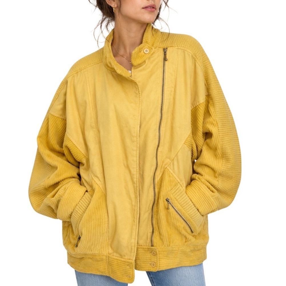 Vintage 80's Funnel Neck Jacket Mixed Media Terry Cloth Butter Yellow Large